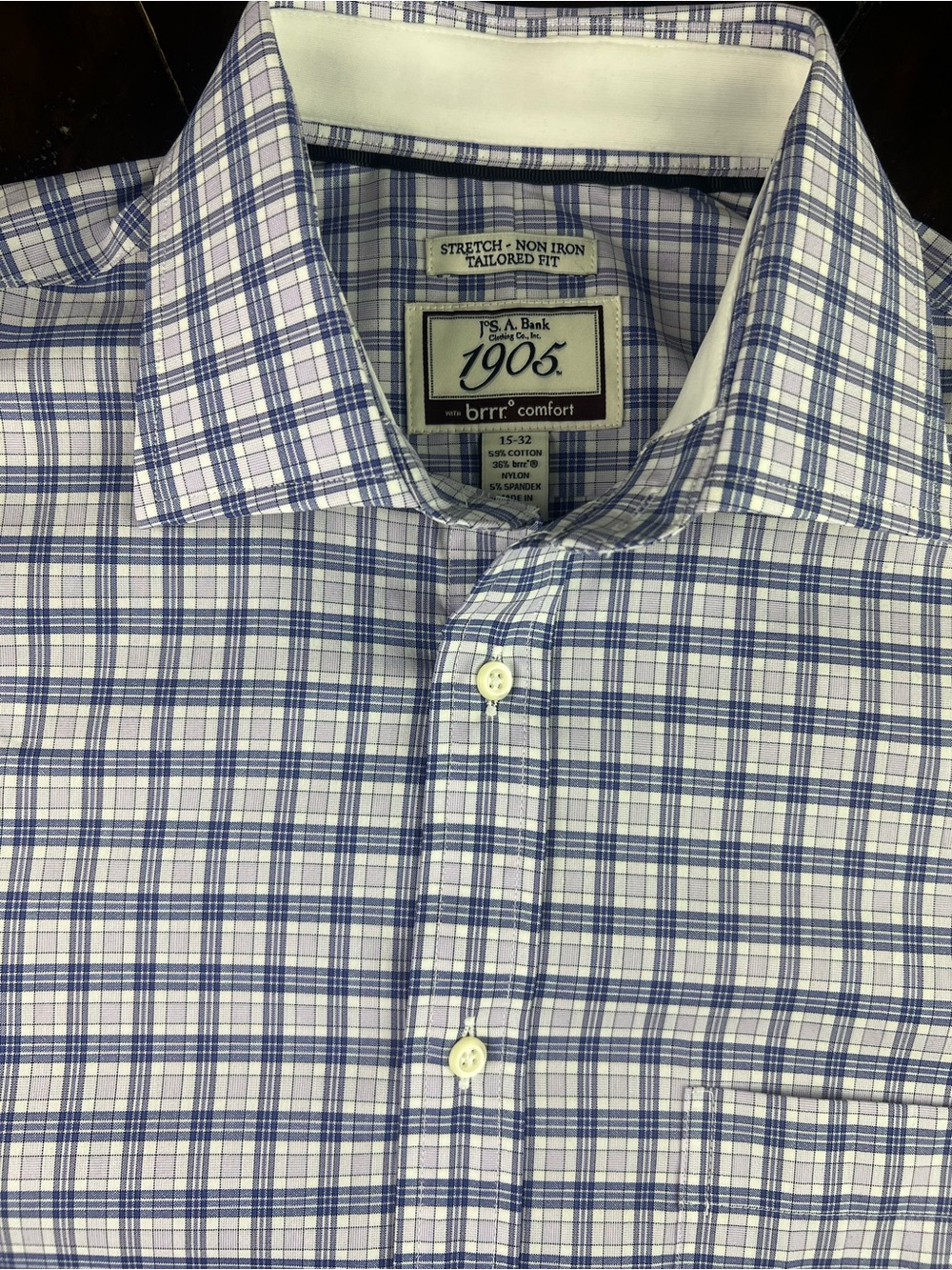 Jos. A. Bank 1905 Stretch Non-Iron Tailored Fit Blue Plaid Dress Shirt 15-32